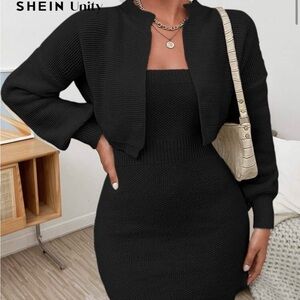 SHEIN Black Knit Sweater Dress with Puff Sleeves
